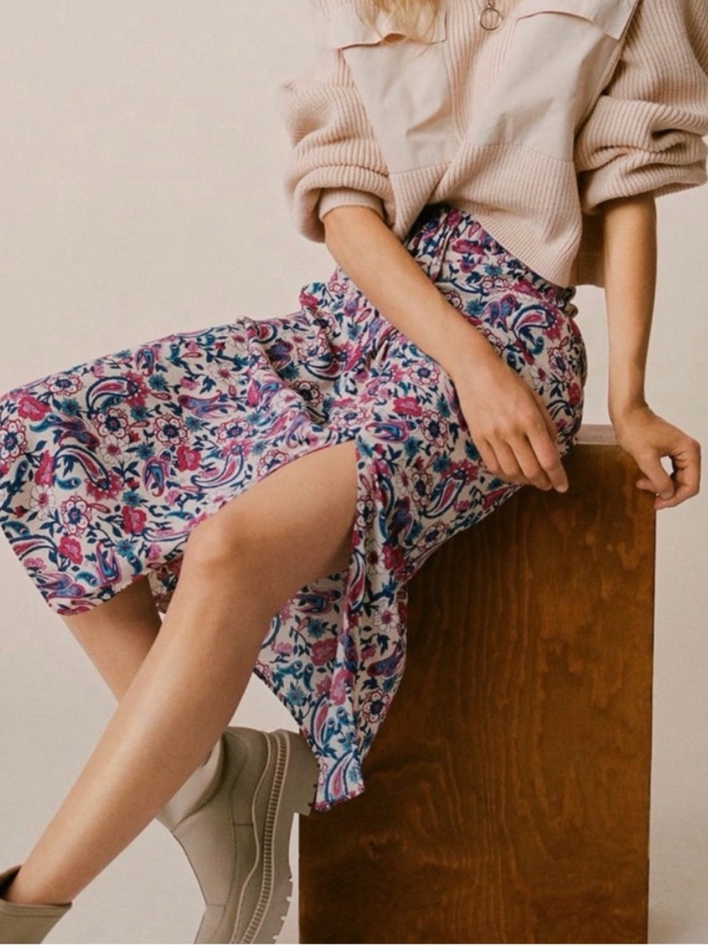 MANGO Floral Midi Skirt with Side Slit - Pink Multi